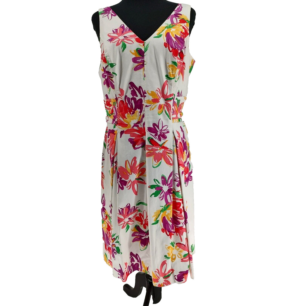 Chaps Woman's White Floral Summer Fit&Flare Dress Size 10 Back Zip Bodice Lined